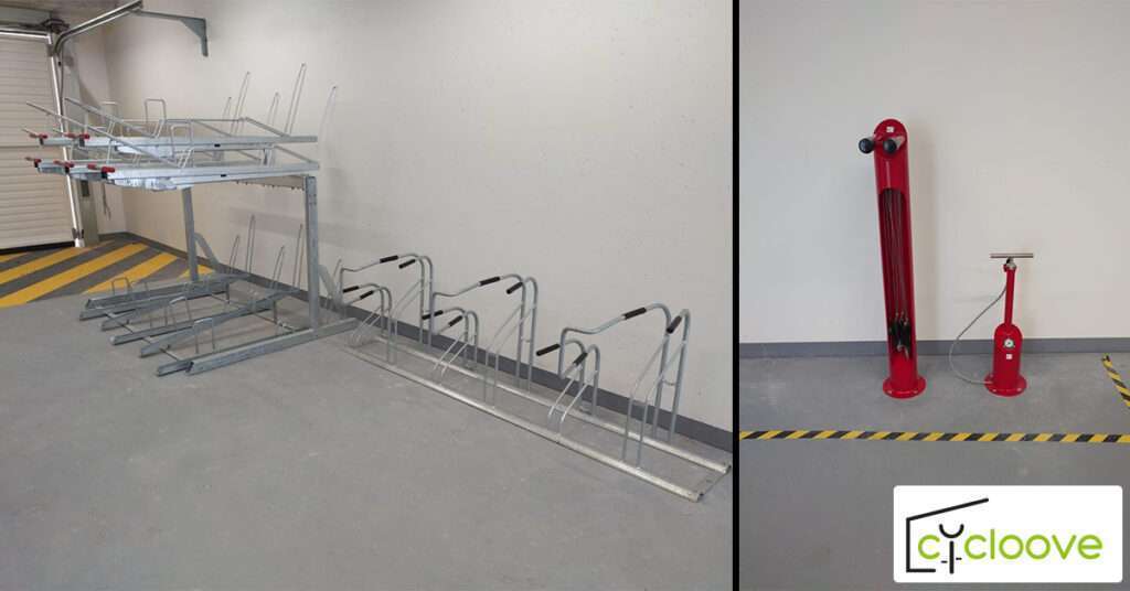 Installation de racks vélos, totem d’outillages et pompe et de casiers métalliques